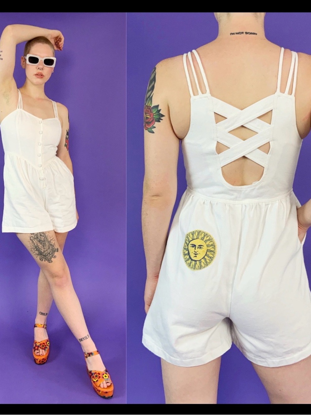Vintage White Strappy Button-Front Romper with sun patch